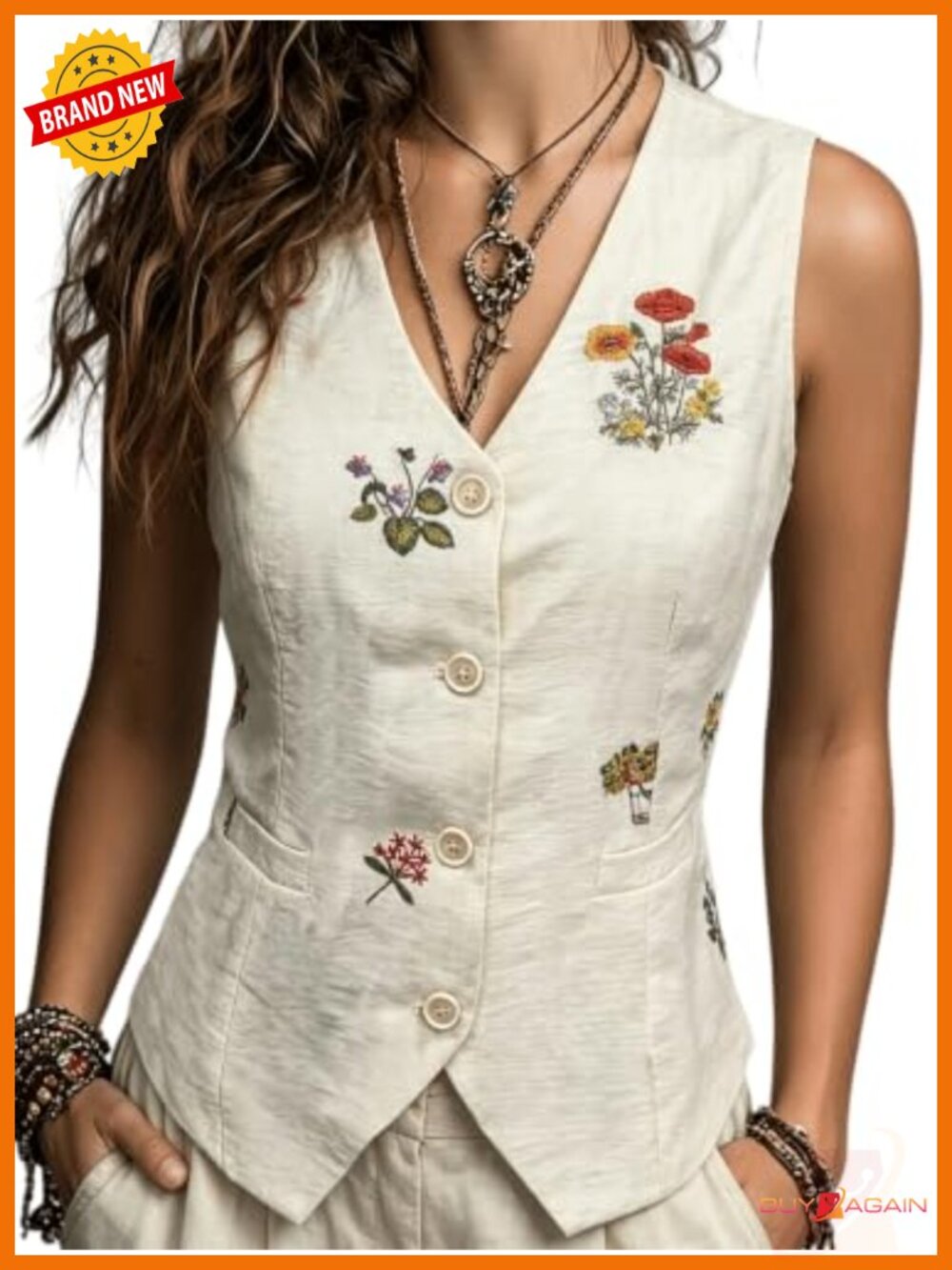 Floral Embroidered Linen Vest Sleeveless V-Neck Button Down Boho Waistcoat